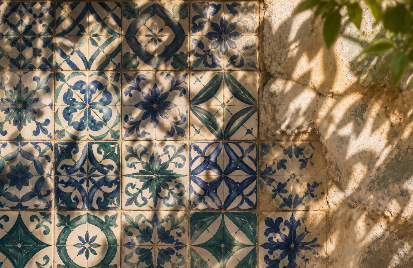 Hand-painted blue and green azulejo tiles on a sunlit plaster wall