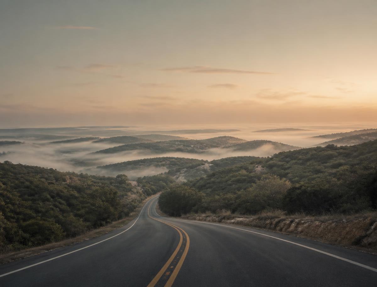 An empty road curving through the Texas hill country at sunrise, low fog over the hills