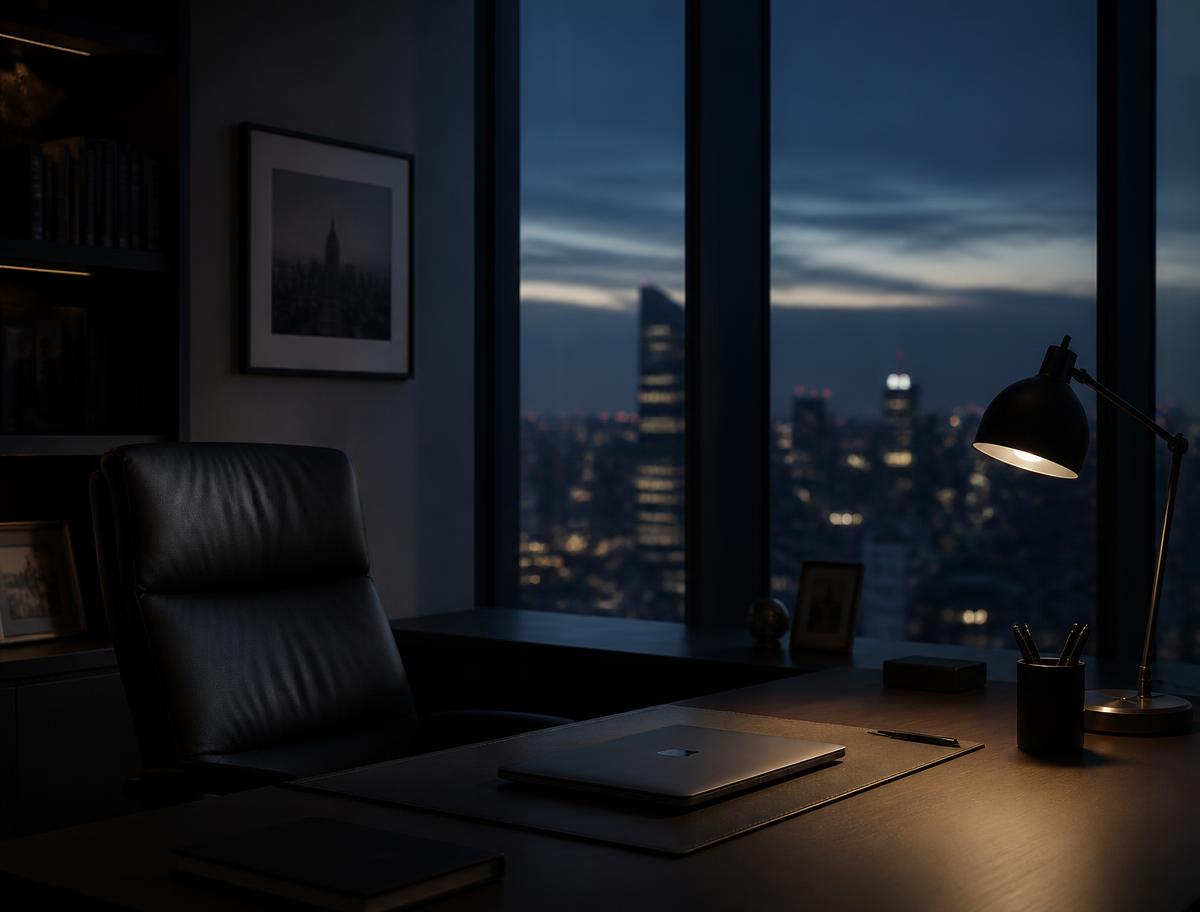 A quiet corner office at dusk, empty chair beside the window, city lights beyond the glass