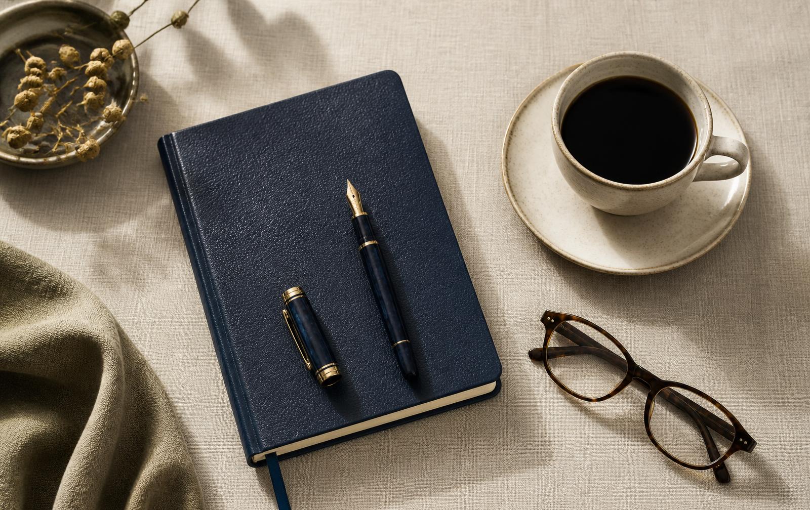 A leather notebook, fountain pen, reading glasses and a cup of coffee on a linen desk