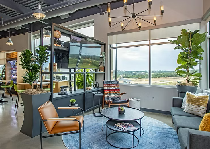 A bright, modern waiting lounge with leather armchairs, a gray sofa, potted fiddle-leaf figs, and floor-to-ceiling windows overlooking the Texas hill country