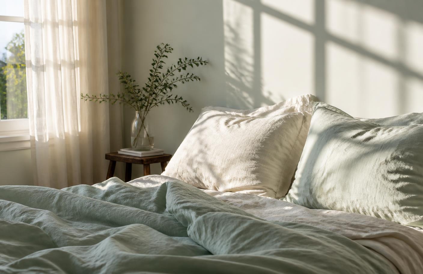 Early morning light falling across a quiet bedroom in pale mint and cream tones